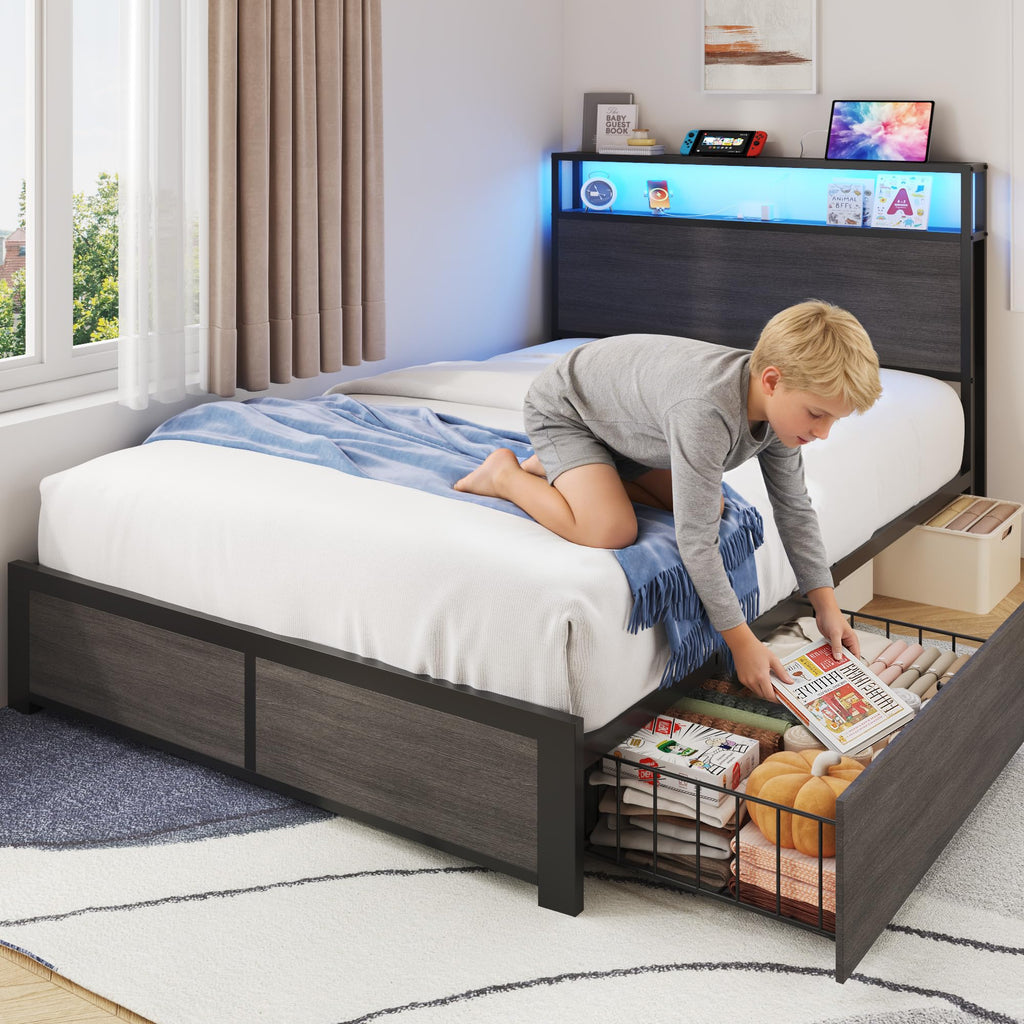 Twin Size Metal Bed Frame with Storage Headboard and Drawers V600