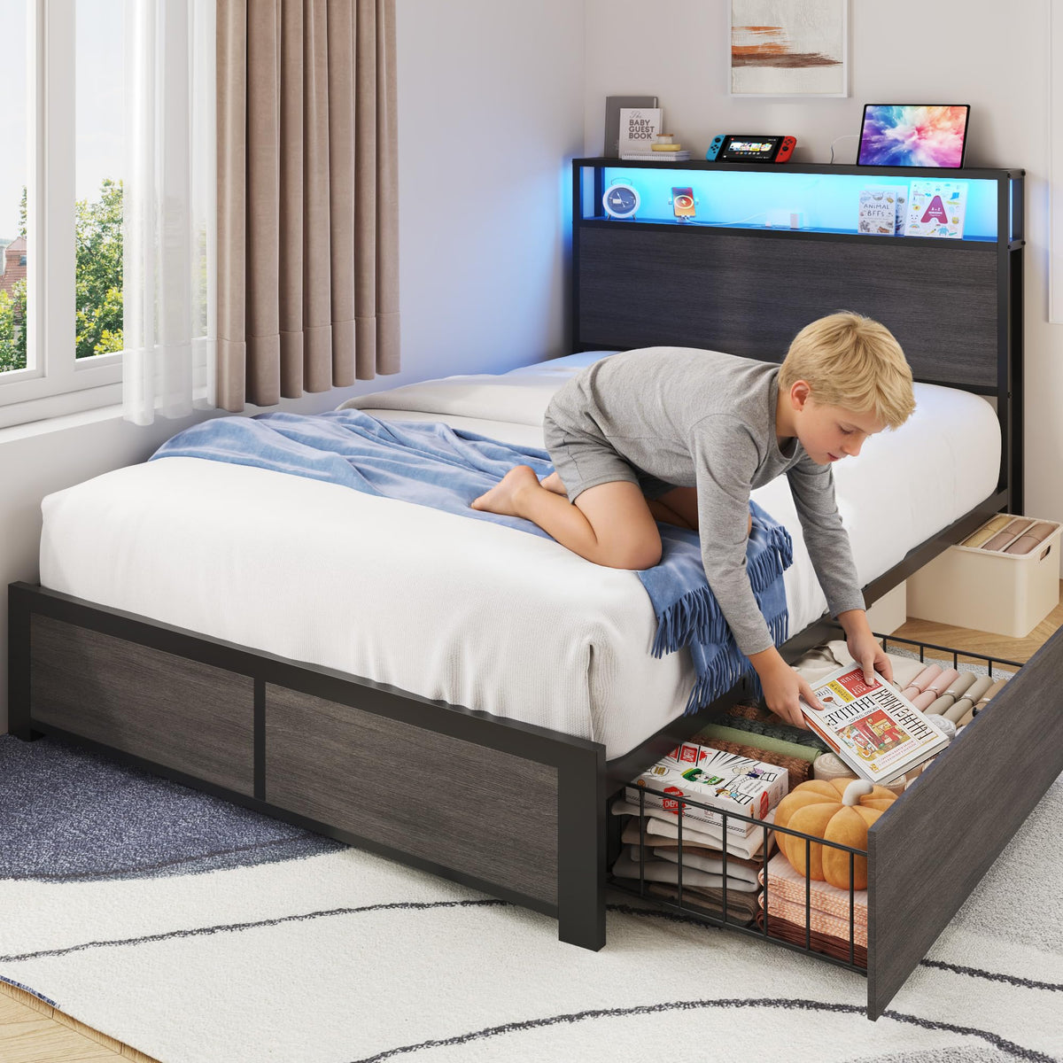 Twin Size Metal Bed Frame with Storage Headboard and Drawers V600