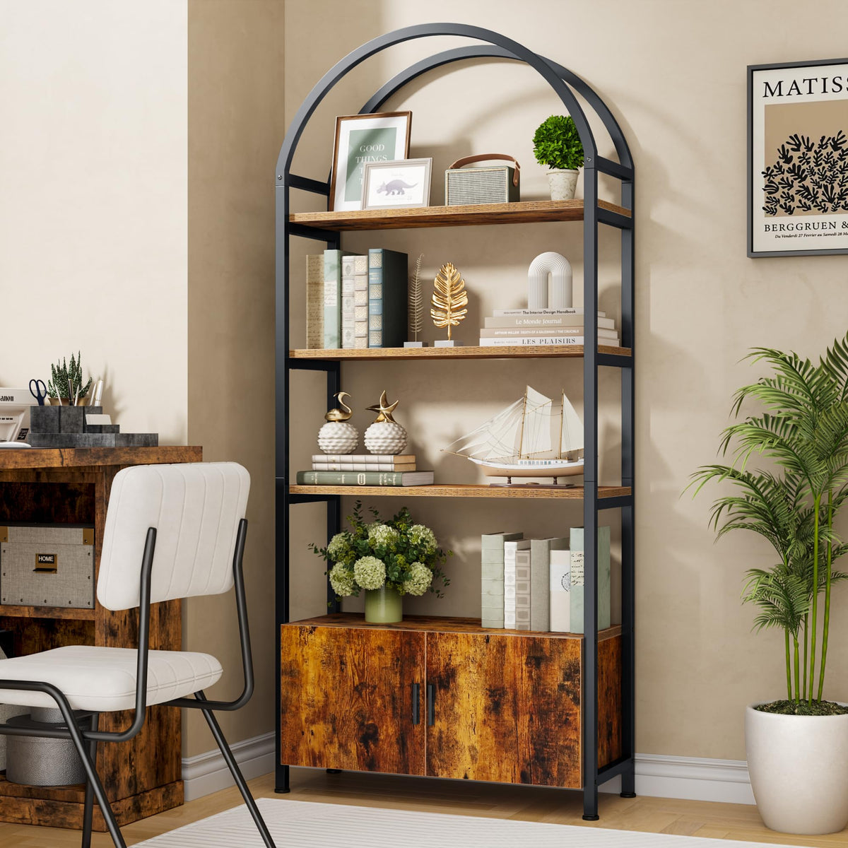 Arched 71 Inch Tall 5 Tier Wood and Metal Bookshelf with Storage Cabinet K5680