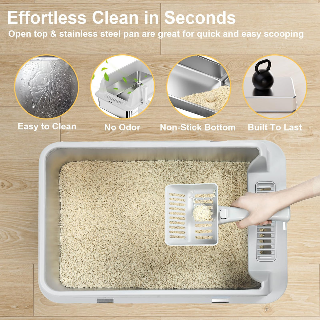 XL Stainless Steel Cat Litter Box with High Sides, Litter Mat, Scooper Y47748
