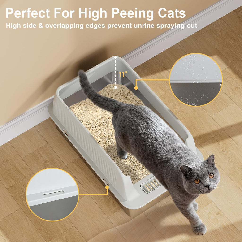 XL Stainless Steel Cat Litter Box with High Sides, Litter Mat, Scooper Y47748