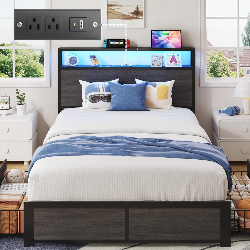 Twin Size Metal Bed Frame with Storage Headboard and Drawers V600