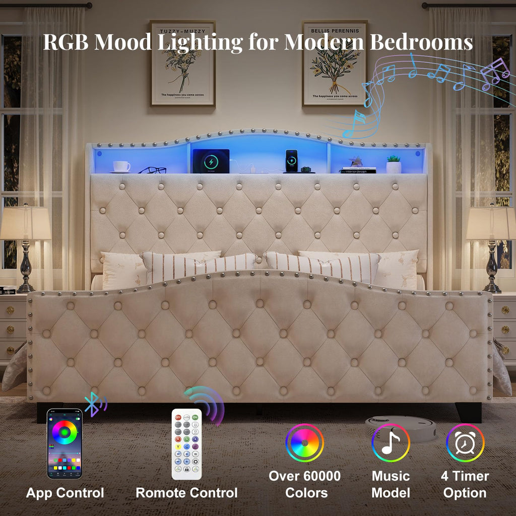 Queen Beige Platform Bed Frame with LED Headboard T141