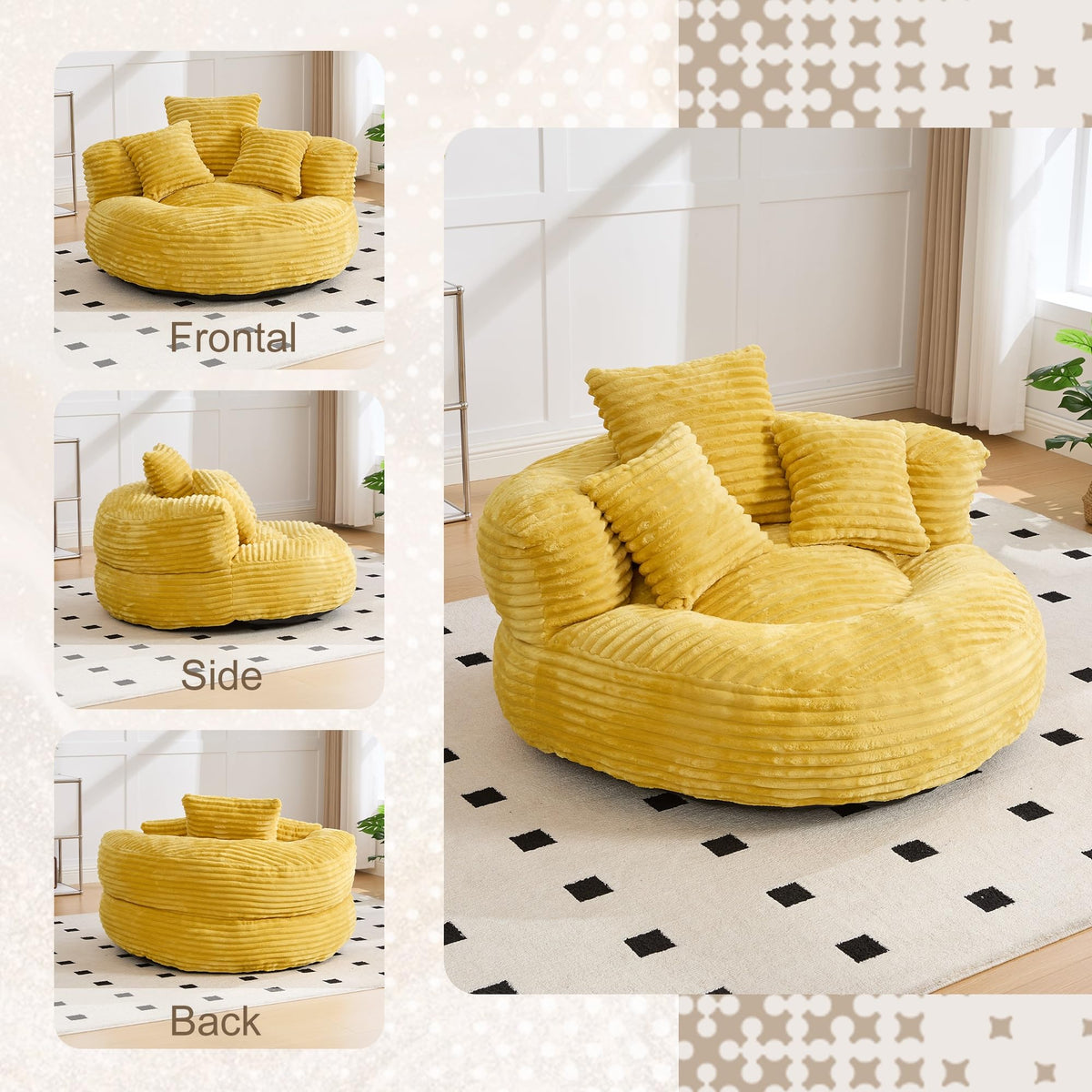 Oversized Corduroy Bean Bag Chair with 3 Pillows G1035
