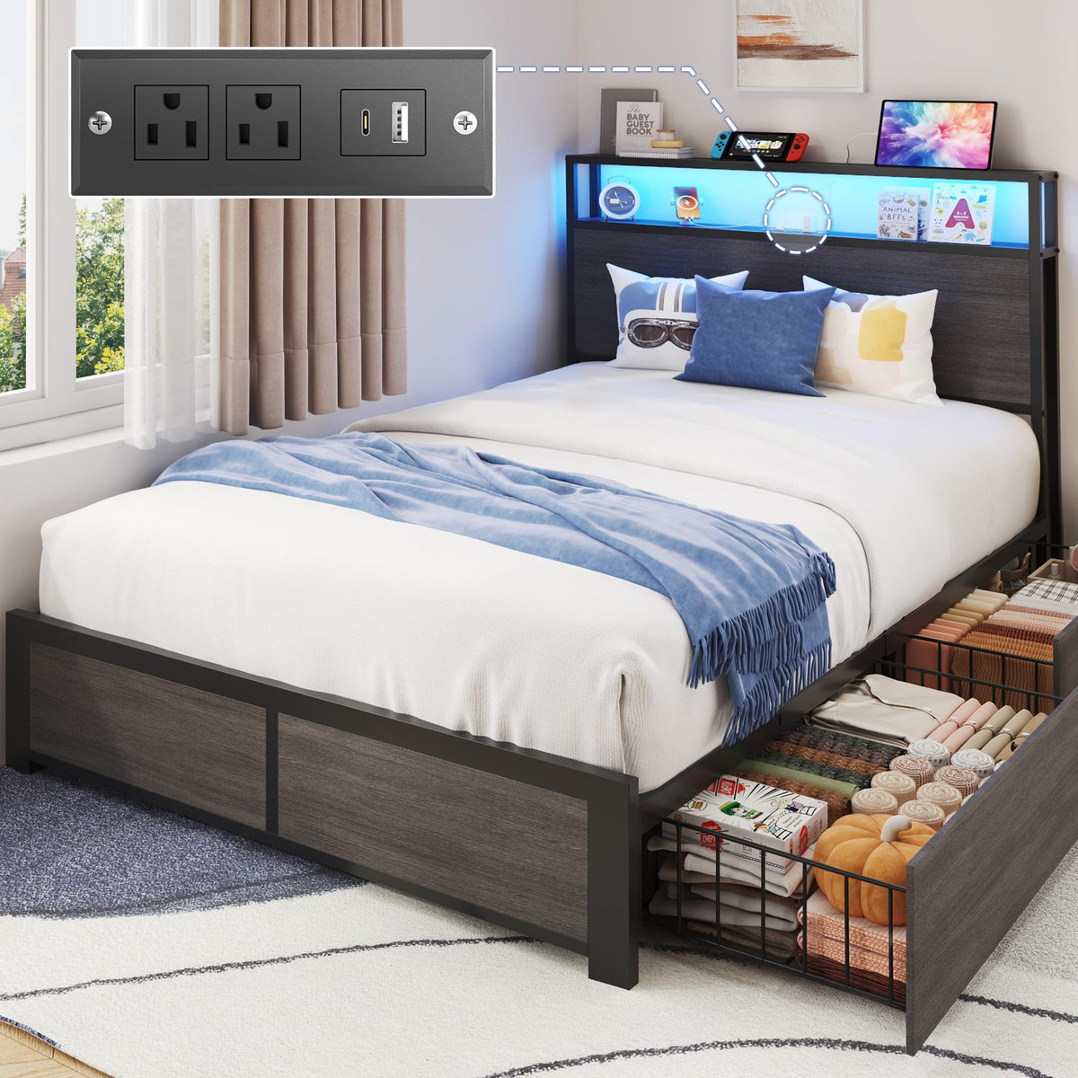 Twin Size Metal Bed Frame with Storage Headboard and Drawers V600