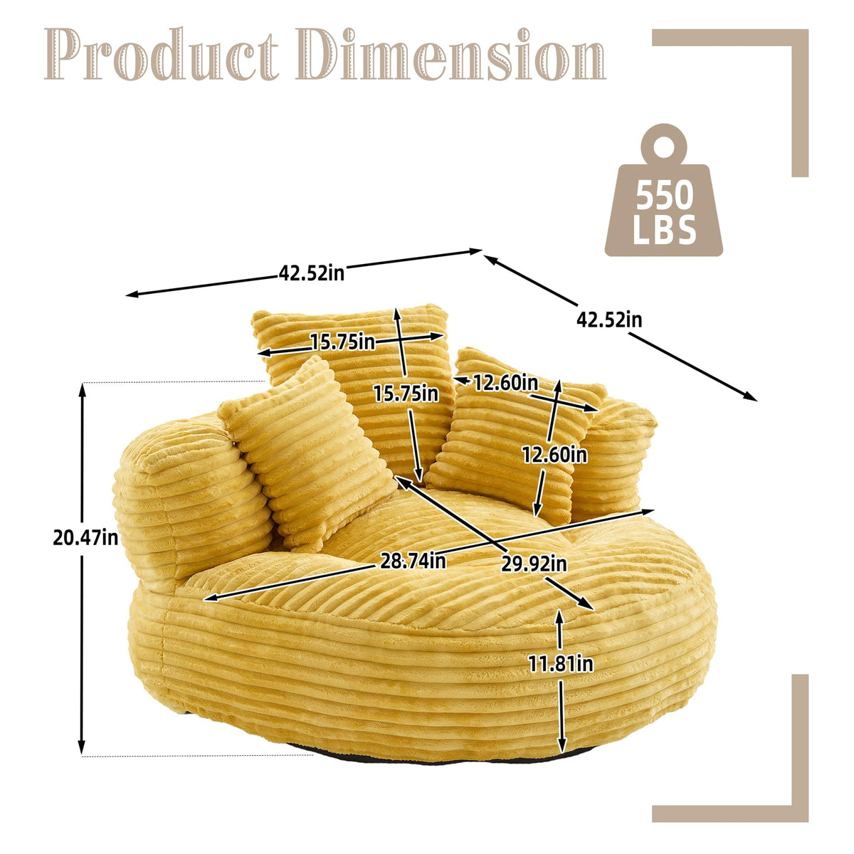 Oversized Corduroy Bean Bag Chair with 3 Pillows G1035