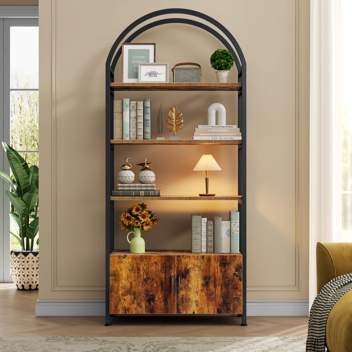 Arched 71 Inch Tall 5 Tier Wood and Metal Bookshelf with Storage Cabinet K5680
