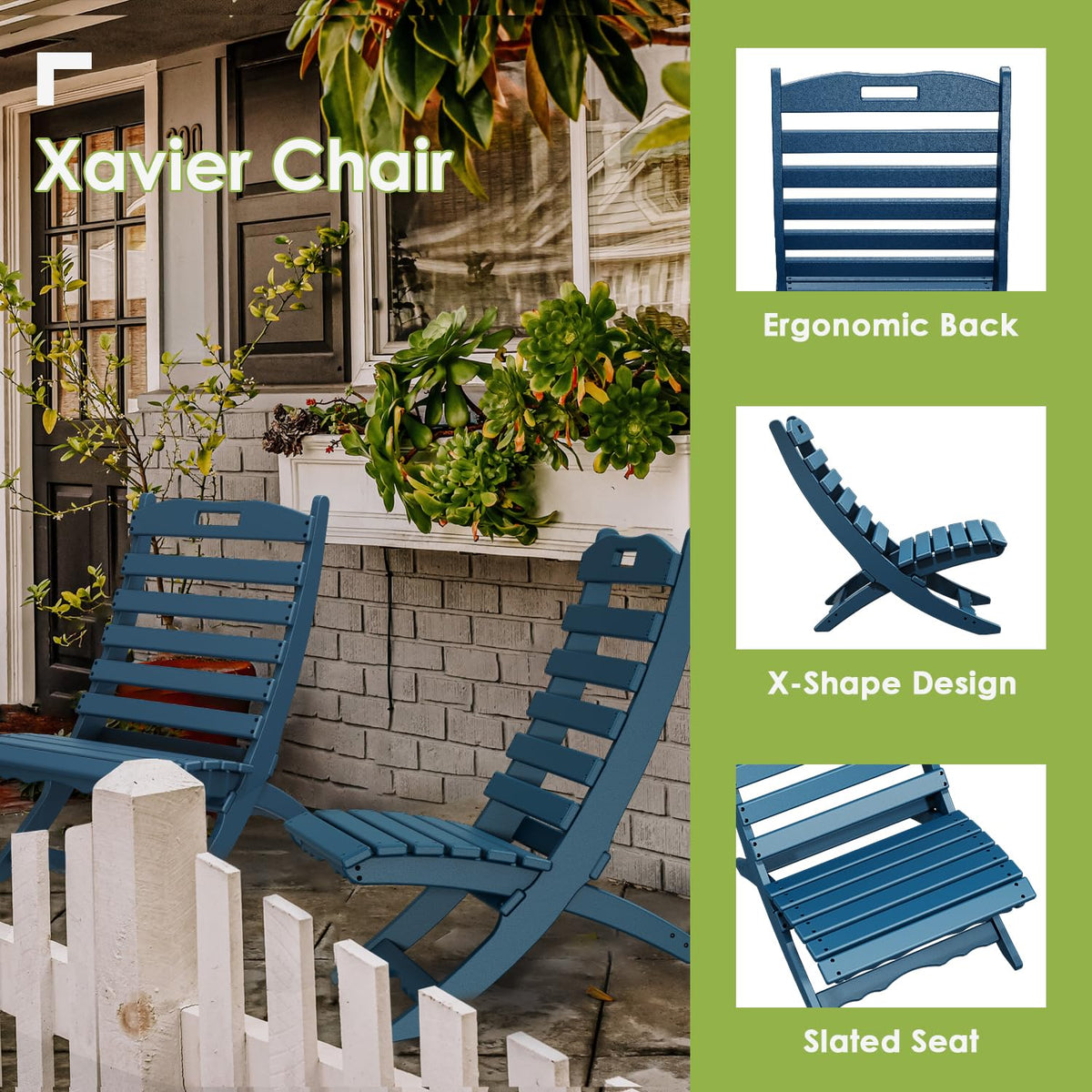 Blue HDPE Plastic Folding Adirondack Chairs Set of 2 K59876