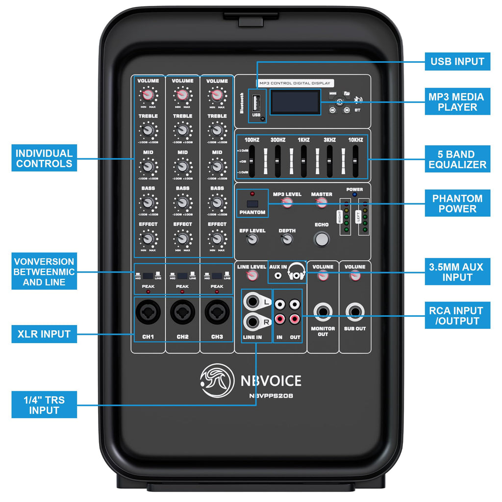 Portable All-in-One 2-Way PA System with 8-Channel Mixer H7124