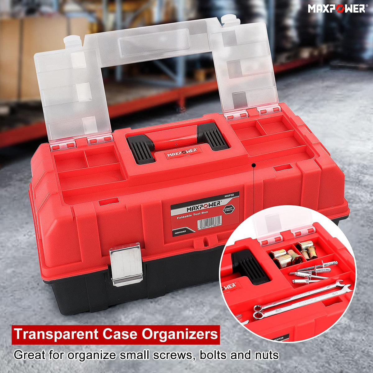 16-Inch Three-Layer Folding Plastic Tool Box with Tray and Dividers D905866