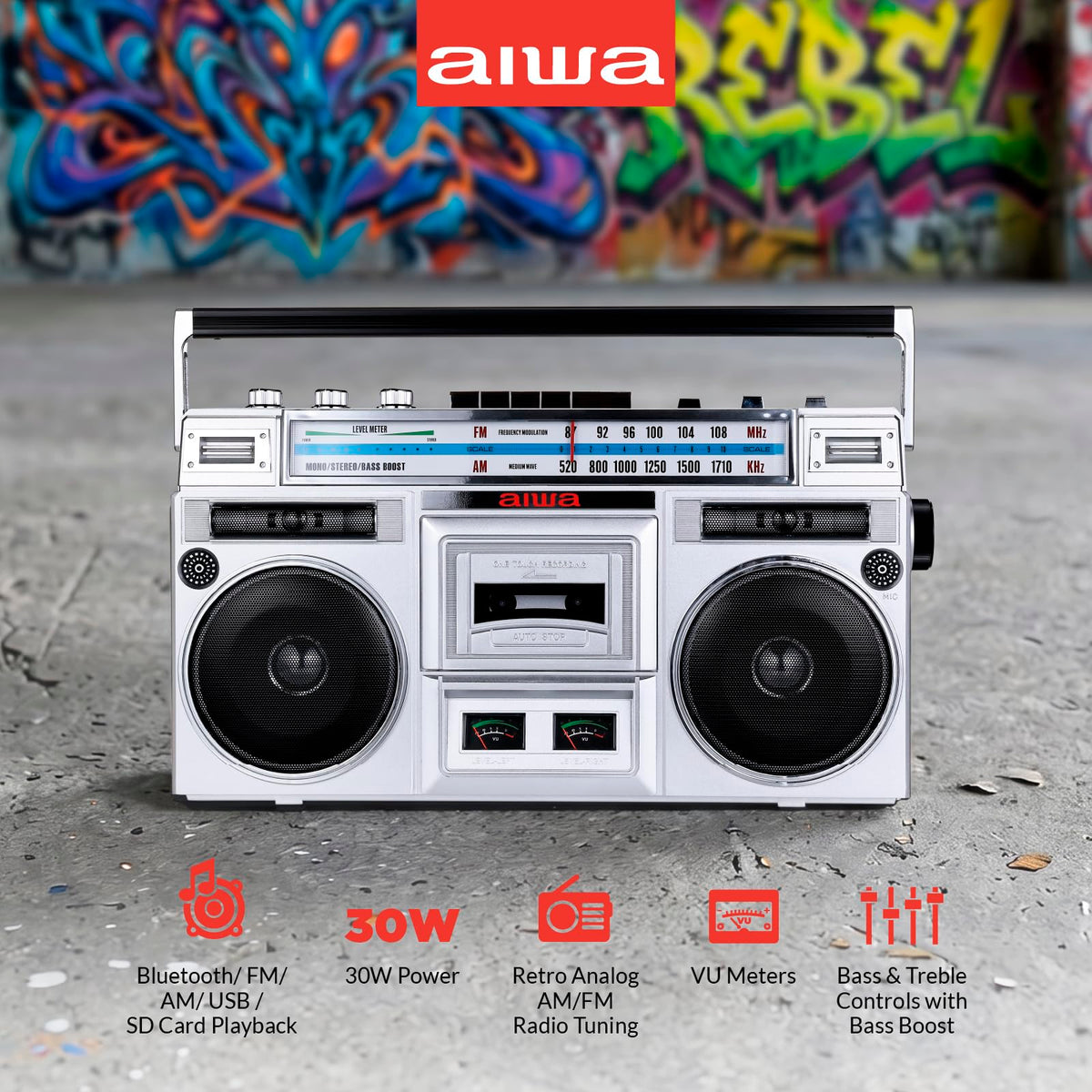 Portable Retro Boombox Bluetooth Speaker with Cassette Player O738438