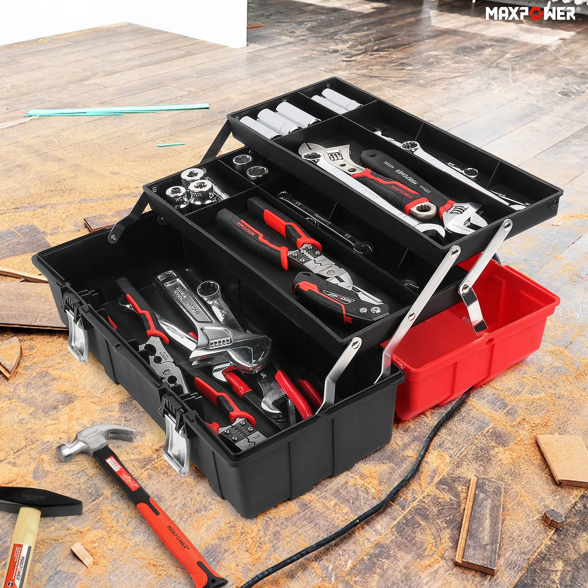16-Inch Three-Layer Folding Plastic Tool Box with Tray and Dividers D905866