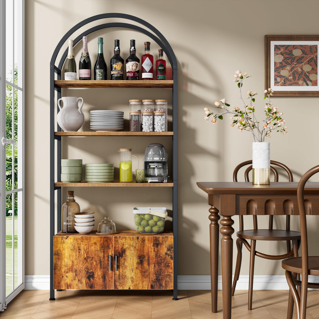 Arched 71 Inch Tall 5 Tier Wood and Metal Bookshelf with Storage Cabinet K5680
