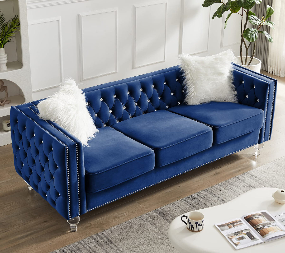 Velvet 3 Seater Sofa Couch with Nailhead and Acrylic Legs X475713