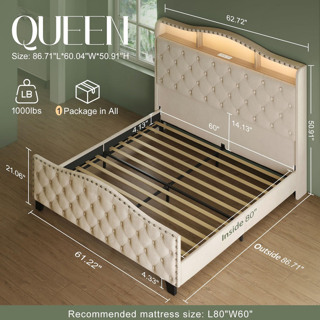 Queen Beige Platform Bed Frame with LED Headboard T141