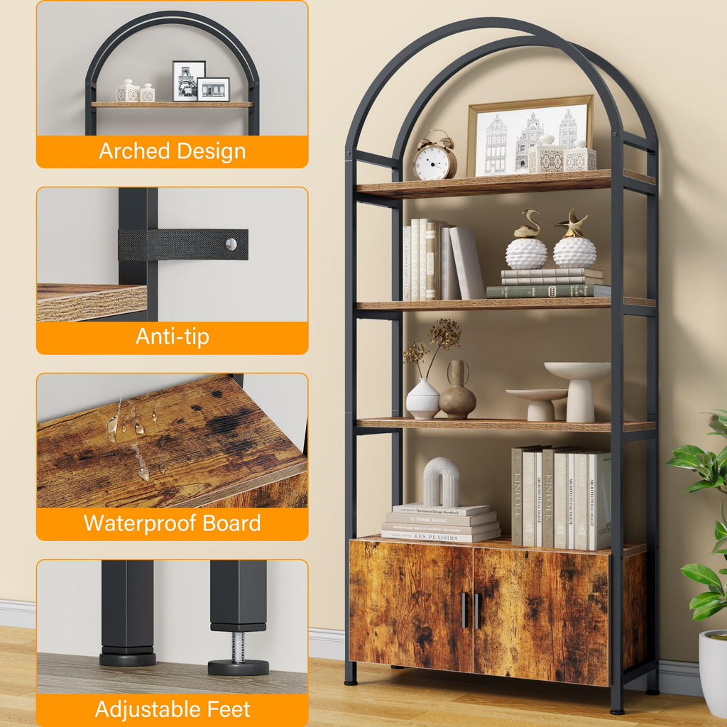 Arched 71 Inch Tall 5 Tier Wood and Metal Bookshelf with Storage Cabinet K5680