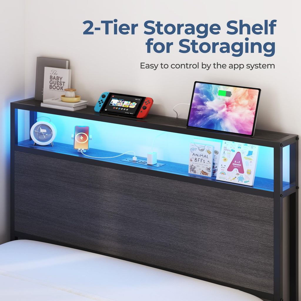 Twin Size Metal Bed Frame with Storage Headboard and Drawers V600