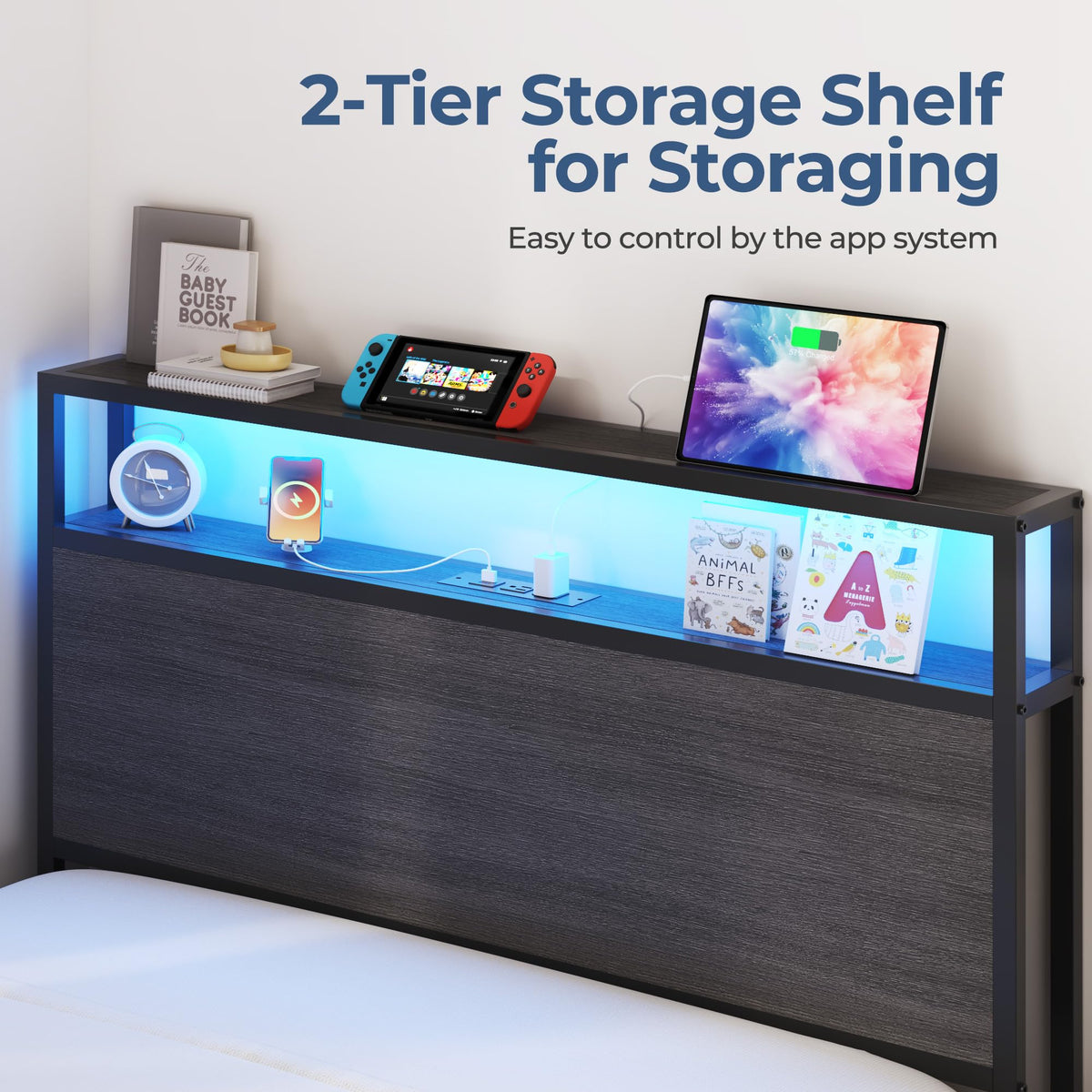 Twin Size Metal Bed Frame with Storage Headboard and Drawers V600