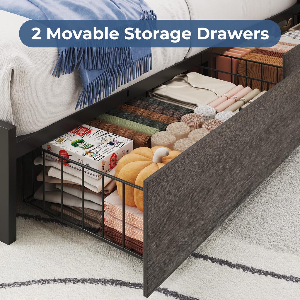 Twin Size Metal Bed Frame with Storage Headboard and Drawers V600