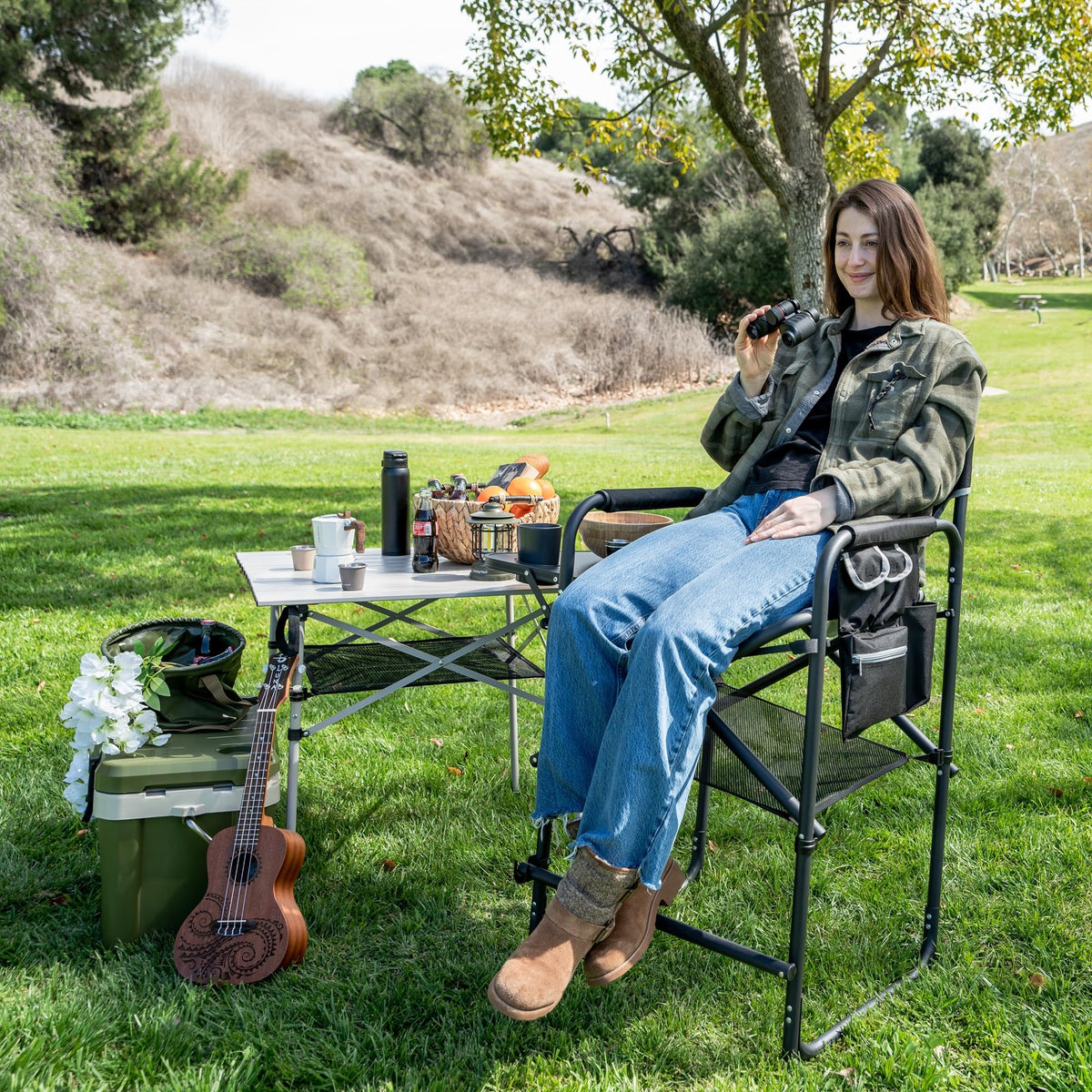 Tall Portable Folding Camping Chair with Side Table and Footrest W15154