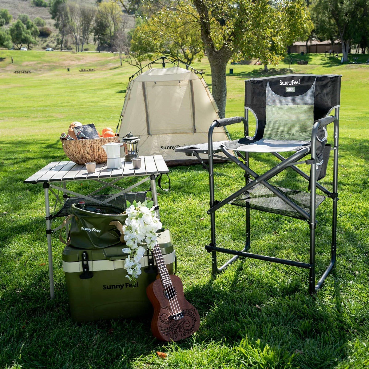 Tall Portable Folding Camping Chair with Side Table and Footrest W15154